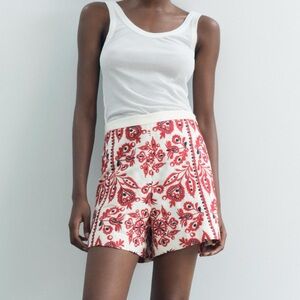 NWOT Zara ZW Collection Embroidered Bermuda Shorts in Red and White